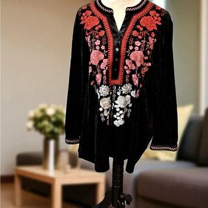 Andree Black Velvet Tunic with Red and White Embroidery